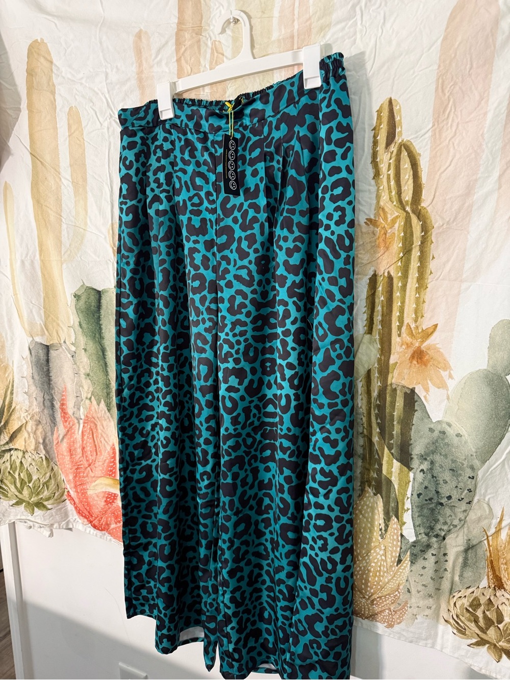 Wide Leg Pants in Teal Leopard Print